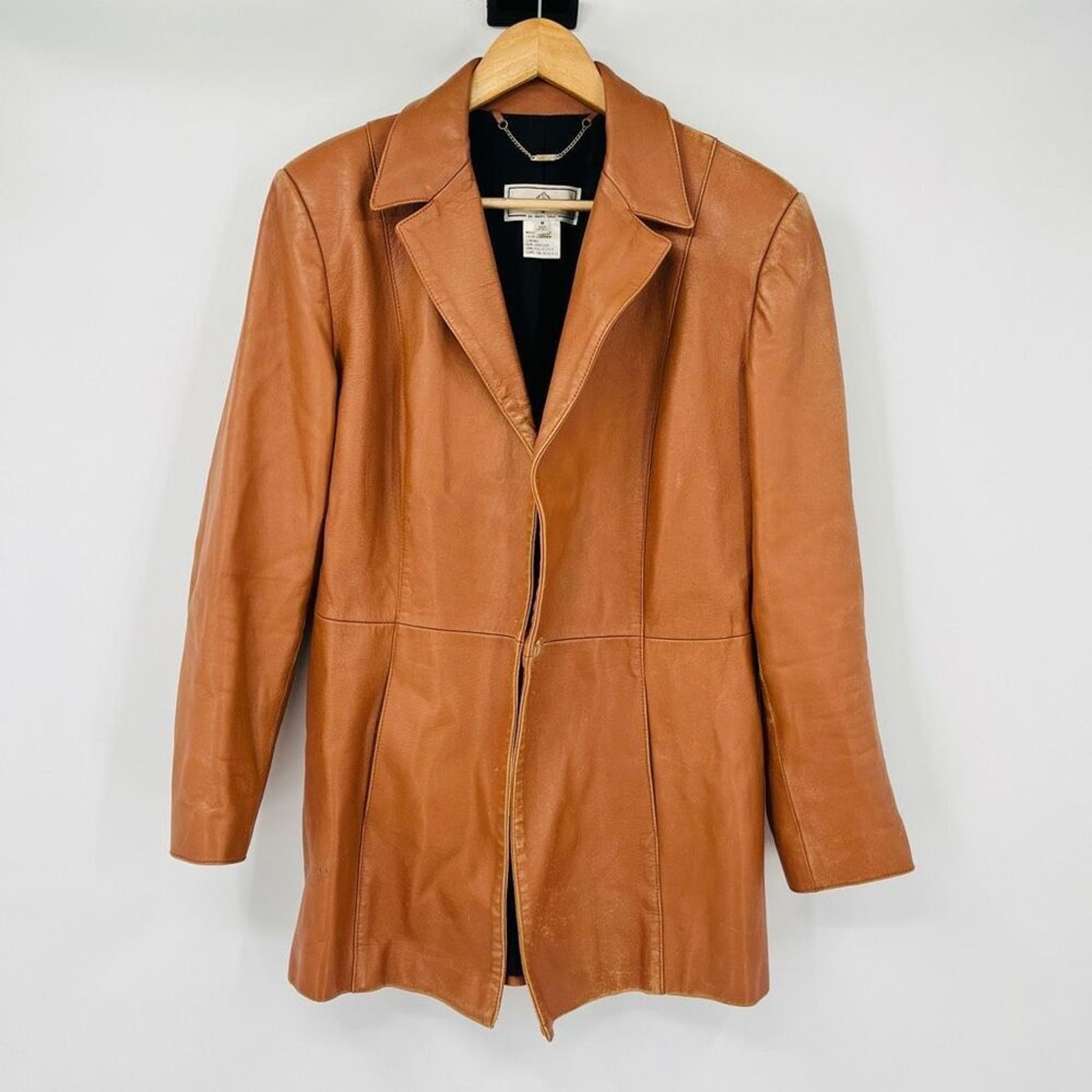 St. John Sport Tan Leather Jacket Notch Lapel Single Breasted Womens Size Medium